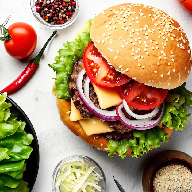 Hamburger fait maison avec des légumes frais, de la viande et du fromage, vue sur un fond de pierre blanche