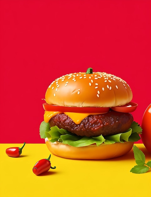 Un Hamburger Fast Food avec le fond rouge
