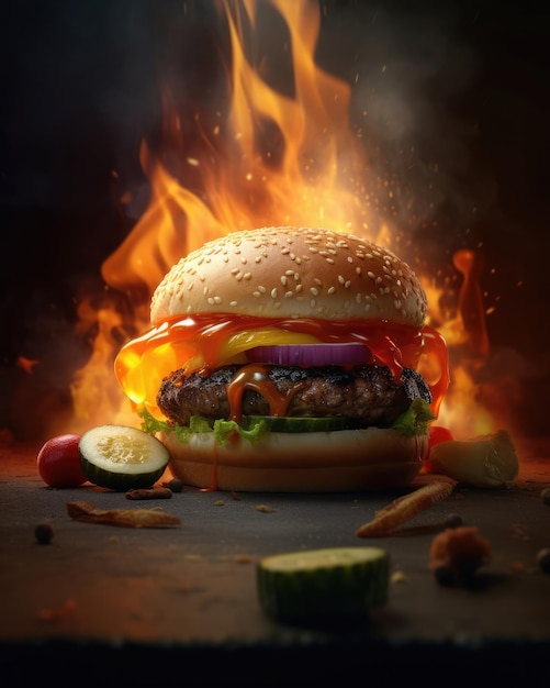 Un hamburger avec un feu brûlant sur le côté.