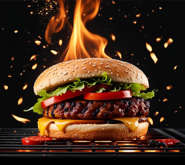 Photo un hamburger avec un feu derrière lui brûle en arrière-plan