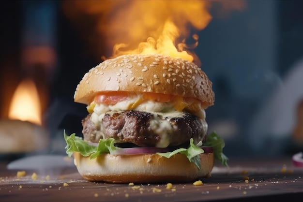 Un hamburger avec un feu dessus