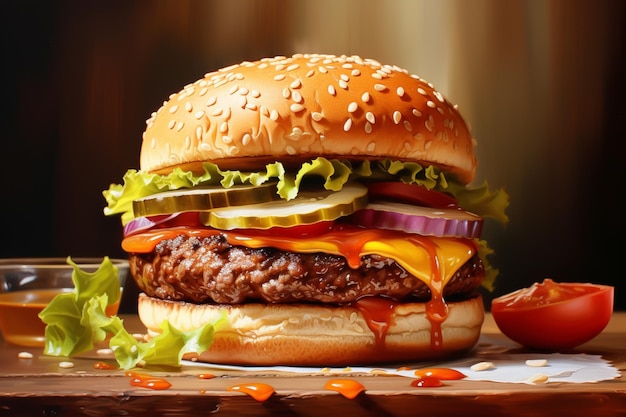 Un hamburger avec une feuille verte sur le dessus.