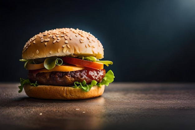 Un hamburger avec une feuille verte est posé sur une table.