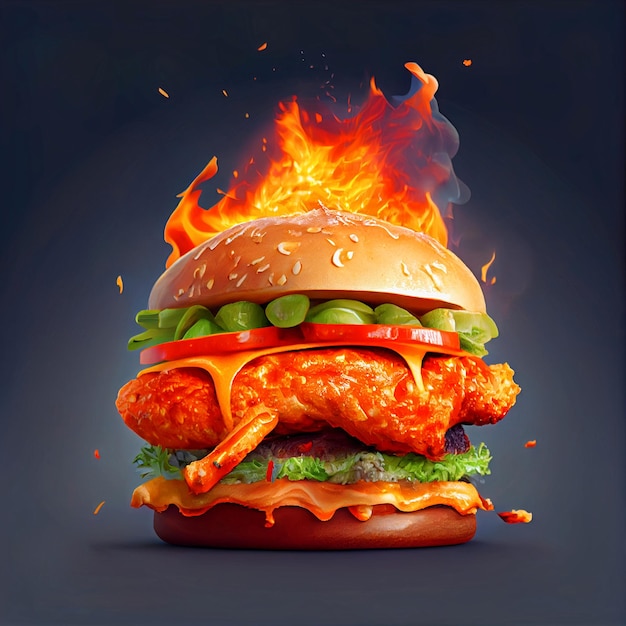 Un hamburger avec une flamme dessus qui dit poulet