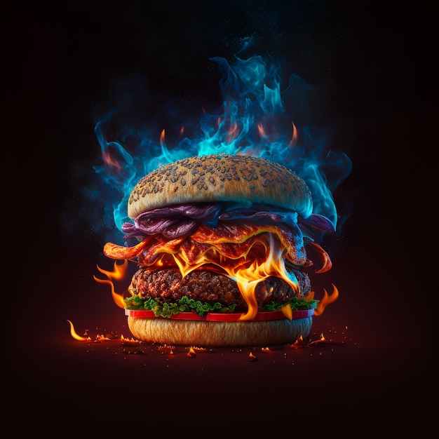 Un hamburger avec des flammes et des flammes dessus