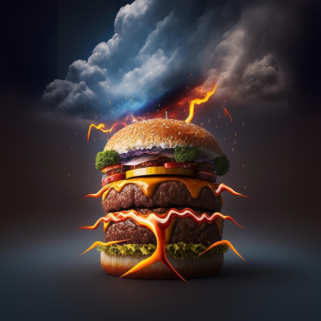 Un hamburger avec des flammes et de la fumée qui en sort