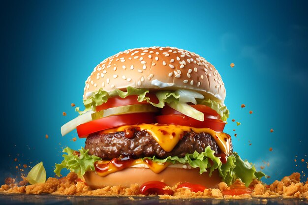 Hamburger sur un fond bleu Rendering 3D