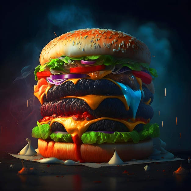 Hamburger avec fond de fumée bleue