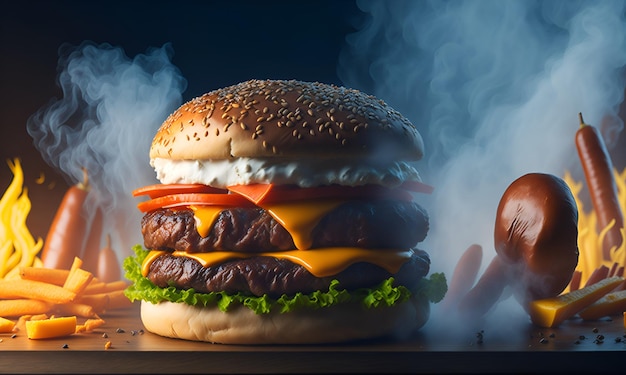 Un hamburger avec un fond de fumée et une fumée qui en sort.