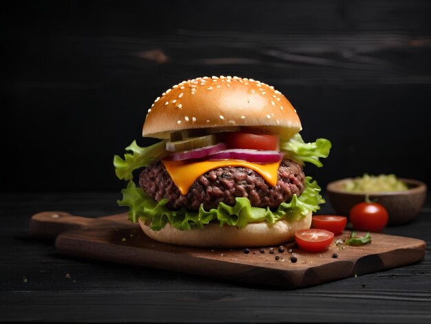 un hamburger sur un fond noir sur une assiette