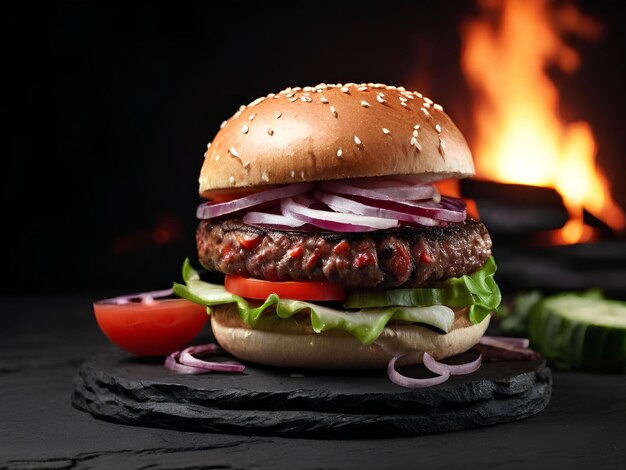 un hamburger sur un fond noir sur une assiette