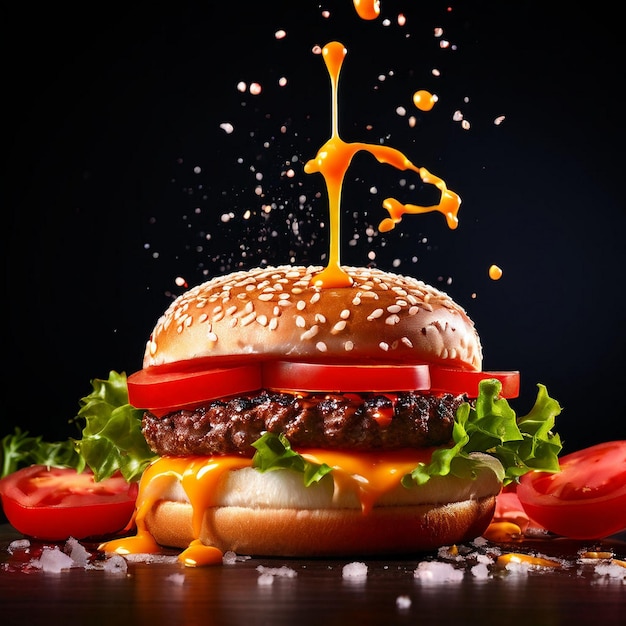 Un hamburger sur un fond noir