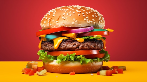 Un hamburger sur un fond pop coloré