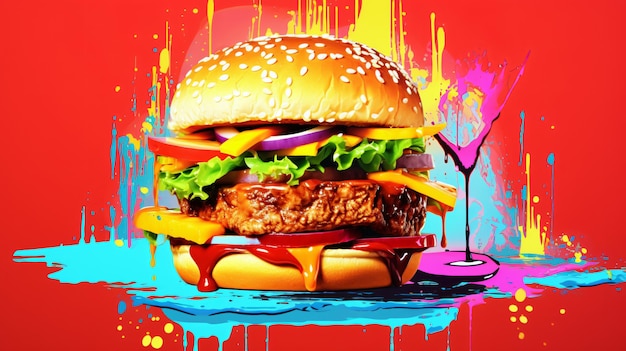 Un hamburger sur un fond pop coloré