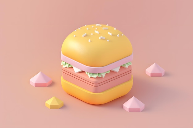 Un hamburger avec un fond rose et des couleurs roses et jaunes.