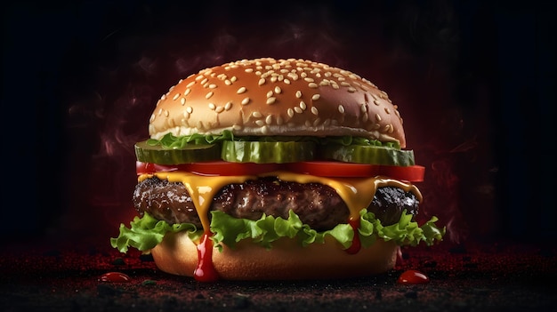 Un hamburger avec un fond rouge et du ketchup dessus