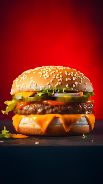 Un hamburger avec un fond rouge et de la laitue verte dessus.