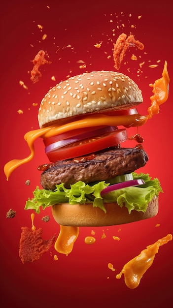 Un hamburger avec un fond rouge et les mots " burger " dessus.