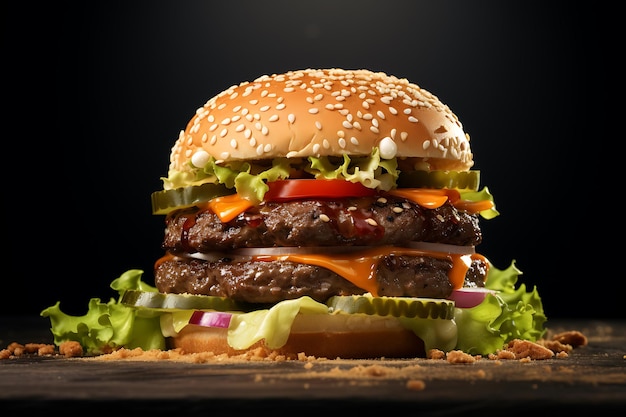 Hamburger sur un fond sombre Rendering 3D