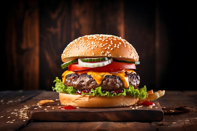 Hamburger sur fond de table en bois