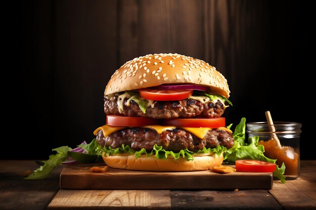 Hamburger sur fond de table en bois