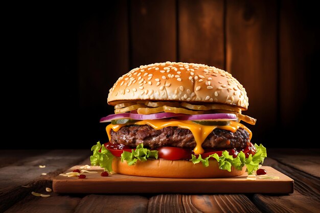 Hamburger sur fond de table en bois