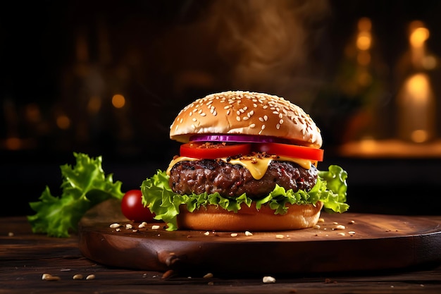 Hamburger sur fond de table en bois