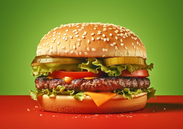 Un hamburger avec un fond vert et un fond rouge avec les mots burger dessus.