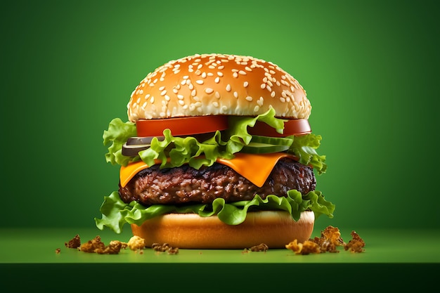 Hamburger sur un fond vert Rendering 3D