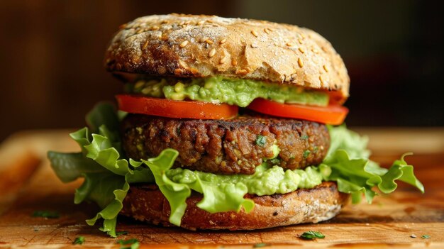 Un hamburger fraîchement préparé avec de la laitue croustillante et des tomates juteuses superposées sur une planche à couper en bois