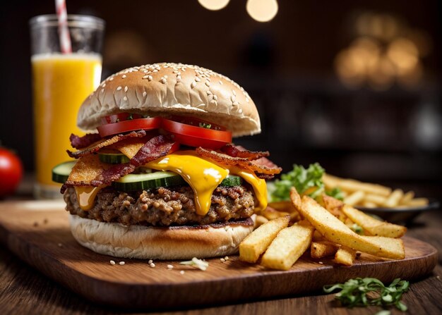 Photo un hamburger frais avec des frites.