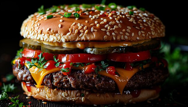 Photo un hamburger frais et savoureux sur un fond noir