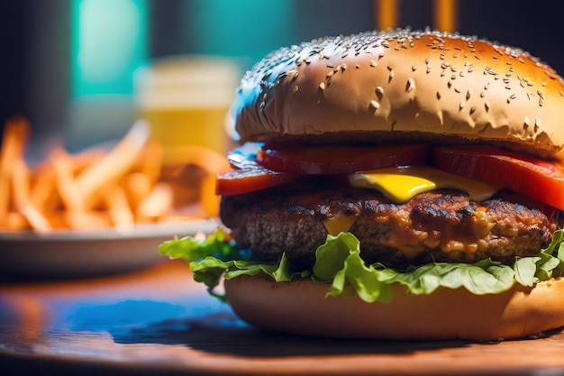 Un hamburger avec des frites en arrière-plan