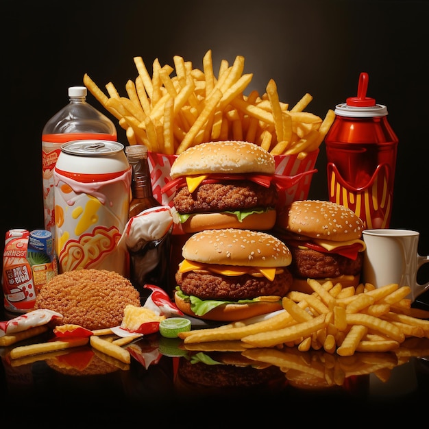 Photo hamburger frites au soda et au cola sur fond noir