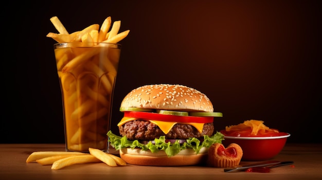 hamburger avec frites et boisson gazeuse