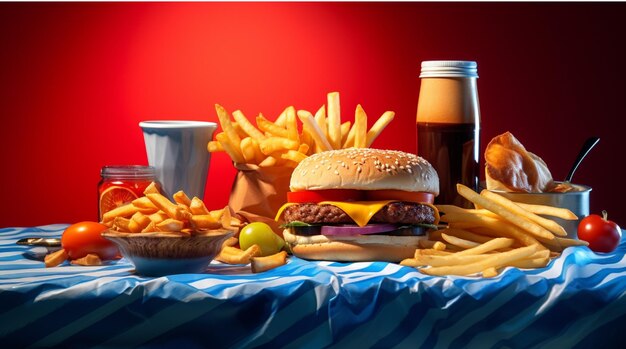 Photo hamburger frites et cola sur un fond rouge