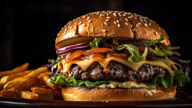 Un hamburger avec des frites dessus