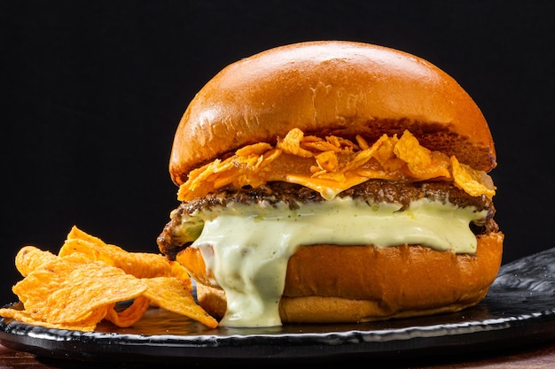 Hamburger avec frites de fromage fondu à la viande et mayonnaise