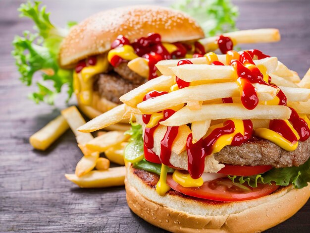 Hamburger avec frites, ketchup, moutarde et légumes frais sur un fond en bois foncé