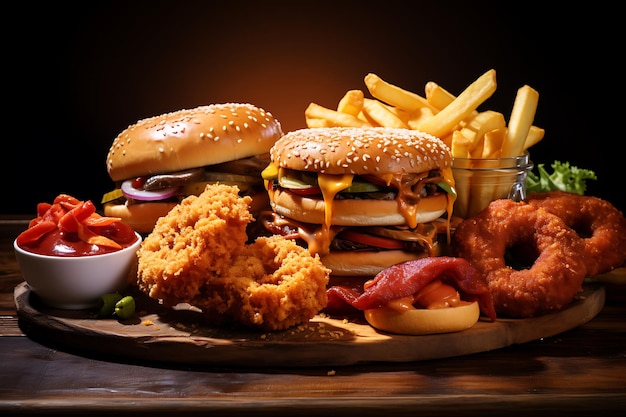 Photo hamburger avec frites et nuggets de poulet sur fond noir