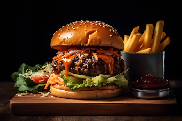 Un hamburger avec des frites sur une planche de bois