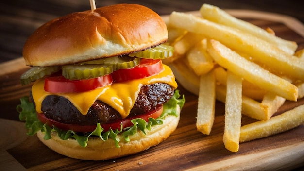 Un hamburger et des frites sur le plateau.