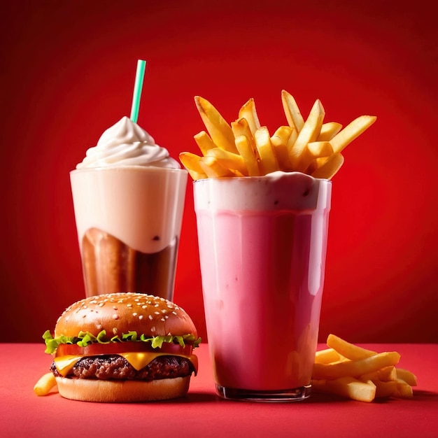 Photo hamburger et frites repas de restauration rapide avec milk-shake