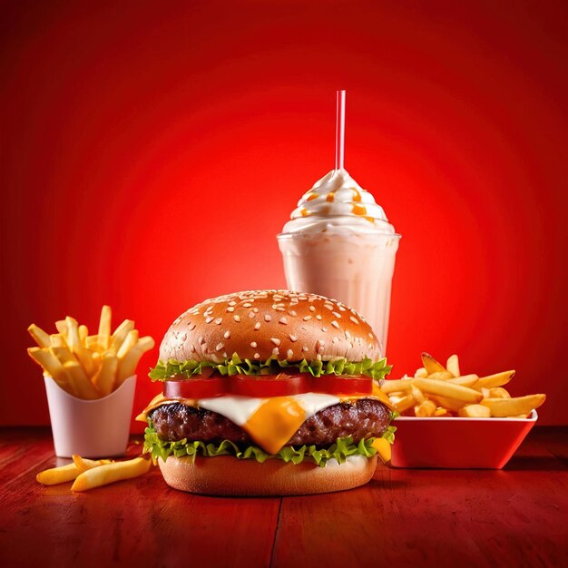 Photo hamburger et frites repas de restauration rapide avec milk-shake
