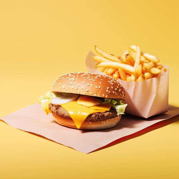 Un hamburger et des frites sont sur fond jaune.