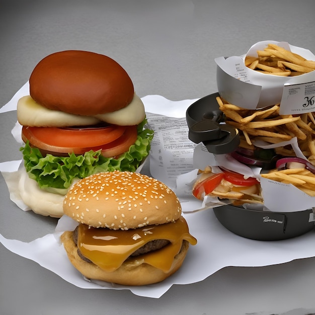 Un hamburger et des frites sont sur une table avec une boîte de frites.