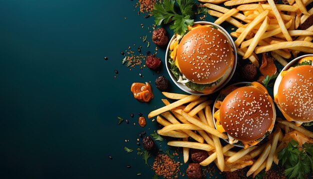Photo un hamburger et des frites sont sur une table avec un fond bleu