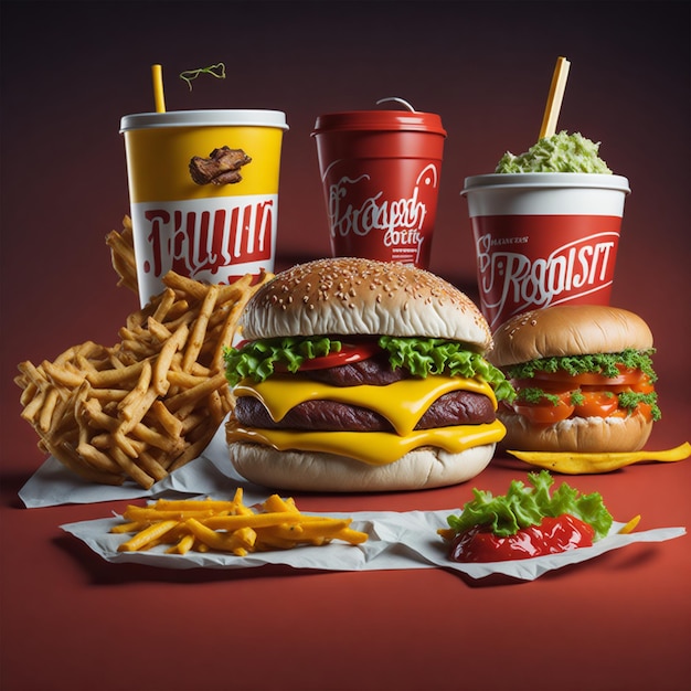 Un hamburger et des frites sont sur une table avec un fond rouge.