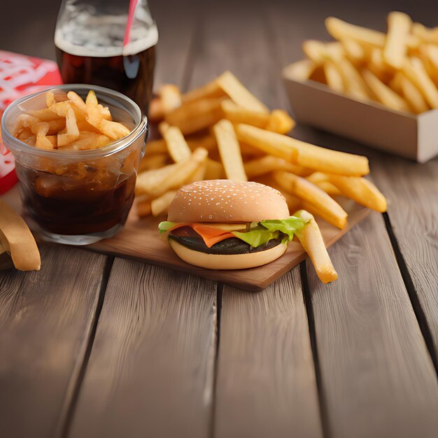 un hamburger et des frites sont sur une table avec un sac de frites