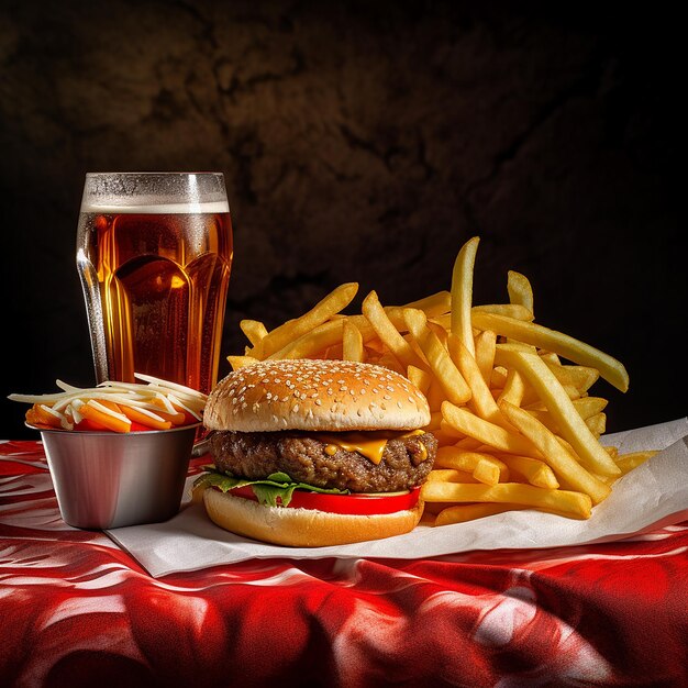 Un hamburger et des frites sont sur une table avec un verre de bière.